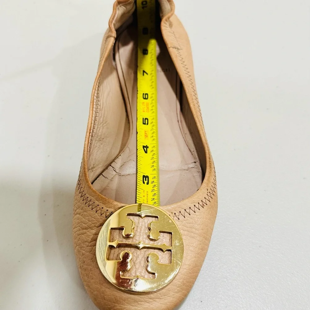 Tory Burch‎ Reva Ballet Flats 6M Camel Leather Logo Medallion Elastic Back